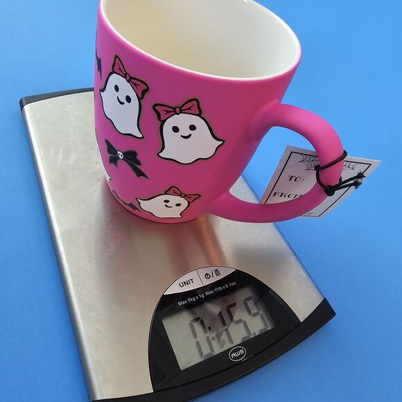 Hot Pink Ghost Halloween Mug Soft Touch Bats Bows Cobwebs & Cauldrons Coffee Cup - Picture 11 of 14